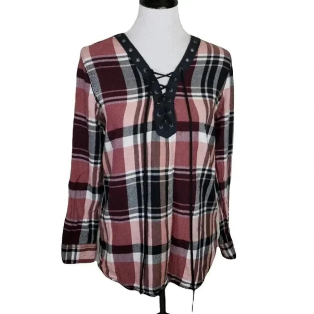 Arizona M pink/ black/white plaid lace up tunic